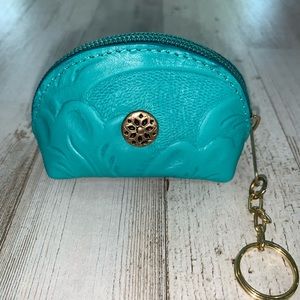 SMALL GENUINE HAND TOOLED LEATHER COIN PURSE. BRAND NEW. TURQUOISE.